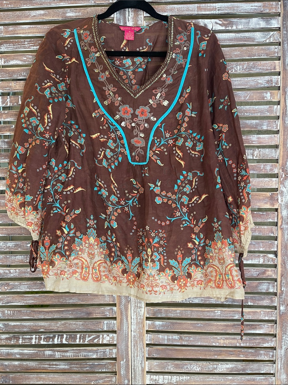 Sunny Leigh Brown Floral Embroidered V-Neck Tunic with Teal Accents